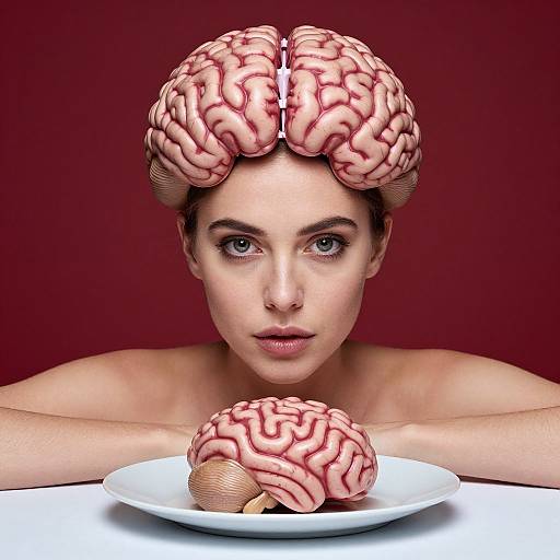 Digital artwork of a woman with a human brain for hair, staring at a plate with a brain on a red background.