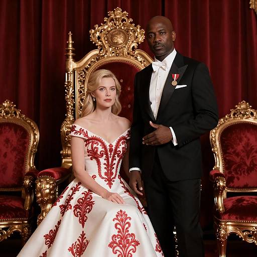 Couple in Elegant Formalwear by Ornate Throne