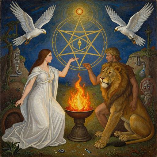 Magical scene: woman in white dress, man with lion, white doves, pentagram, fire, dark blue night sky, ancient symbols,