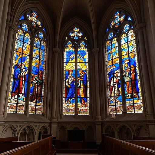 Photograph of vibrant, Gothic-style stained glass windows in a cathedral, depicting colorful biblical scenes with arches and wooden pews below.