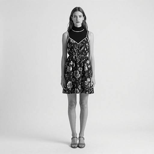 Black and White Portrait of Woman in Floral Dress