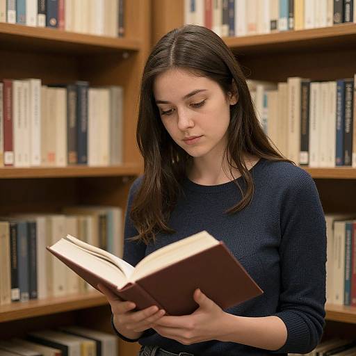 Photograph of a young woman with long brown hair, wearing a navy sweater, intently reading a book in a library.