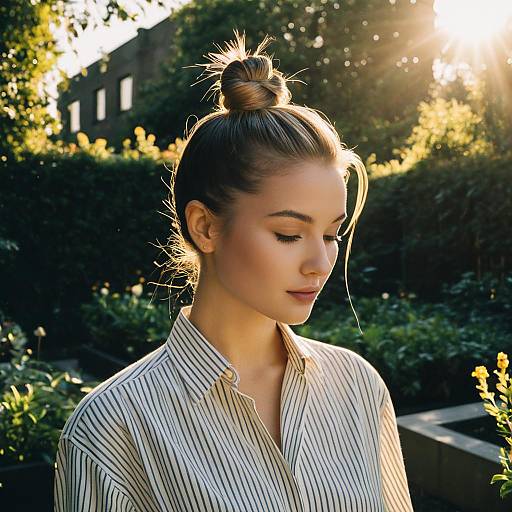 Woman with Classic Top Knot in Urban Garden
