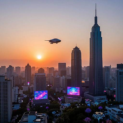 Photograph of a futuristic cityscape at sunset, featuring a flying saucer, tall skyscrapers, illuminated billboards, and a glowing orange sky