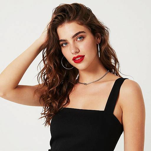 Photograph of a young woman with wavy brown hair, wearing a black tank top, red lipstick, silver hoop earrings, and a thin necklace,