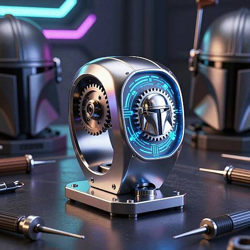 Photorealistic CGI: futuristic metallic device with glowing blue gears, centered on dark table, surrounded by tools, flanked by two blurred Stormtrooper