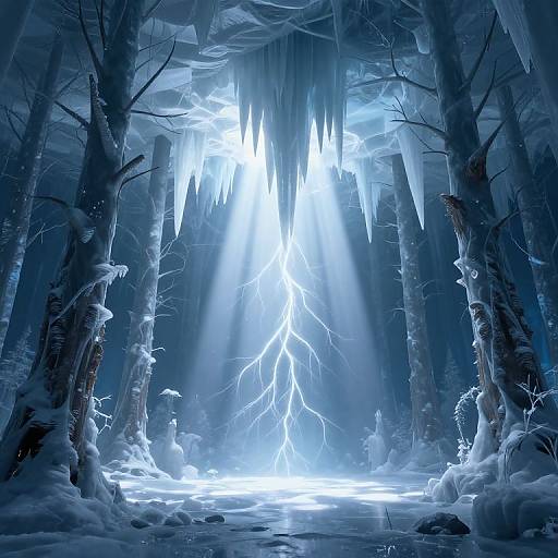 Digital artwork of a frozen forest illuminated by radiant blue and white light, with jagged icicles and glowing lightning-like effects.