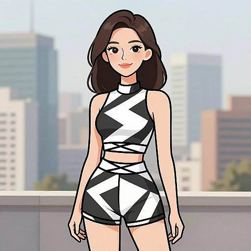 Digital illustration of a young woman with shoulder-length brown hair, wearing a black and white geometric crop top and shorts, standing on a balcony with a blurred
