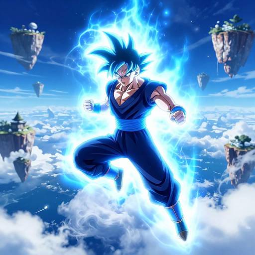 Digital artwork of Super Saiyan Goku, surrounded by electric blue aura, floating in a cloudy sky with floating islands. Dynamic, intense pose.