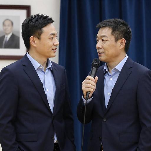 Two Asian Men in Business Suits with Microphone