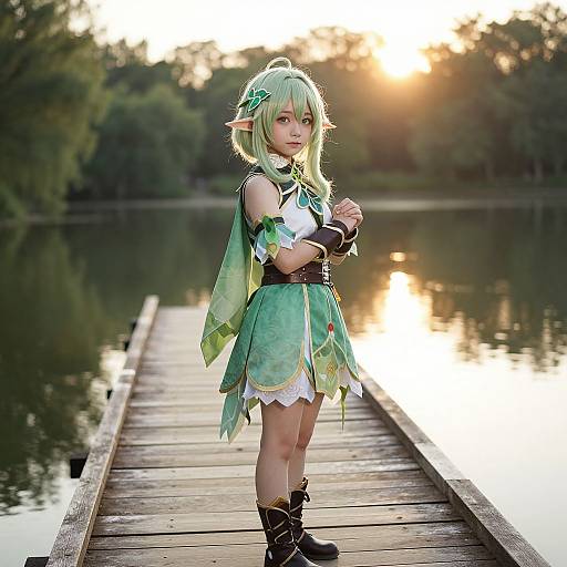 Photograph of a young, green-haired, elf cosplayer in a green and white fantasy outfit, standing on a wooden dock at sunset, with a