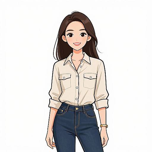 Digital anime-style drawing of a smiling Asian woman with long black hair, wearing a white button-up shirt and dark blue jeans.