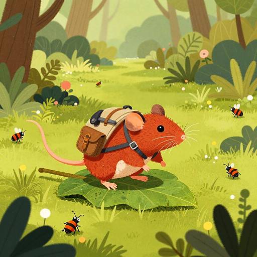 Digital illustration: A cute, red mouse with a small backpack stands on a green leaf in a sunlit forest, surrounded by butterflies and glowing fireflies