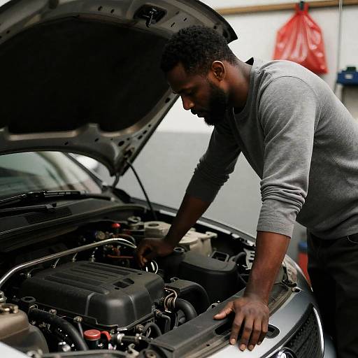 Focused Mechanic in Dim Garage Setting