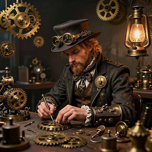 Steampunk artist with red beard and black hat, meticulously assembling gears on a dark wooden table, illuminated by a vintage lamp.