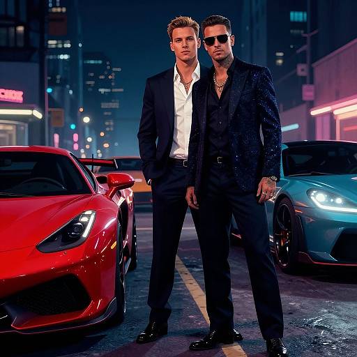 Photograph of two stylish men in black suits standing confidently on a neon-lit city street at night, flanked by a red and blue sports car
