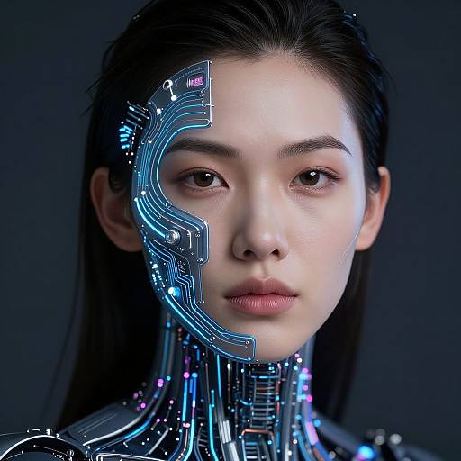Photorealistic digital artwork of an East Asian woman with cybernetic enhancements, featuring glowing blue circuitry on her right cheek and neck, against a