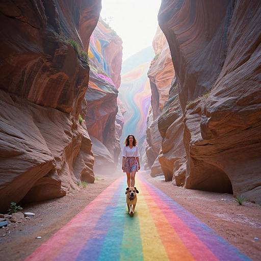 Photograph of a woman with long brown hair in a white dress and floral skirt, walking a small dog on a colorful rainbow path through a narrow,