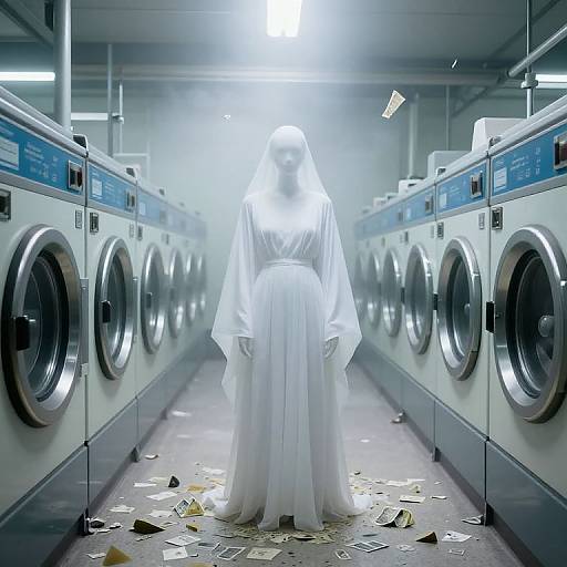 Photograph of a ghostly white-robed woman with a veil standing in a dimly lit laundry room, surrounded by front-loading washers. F