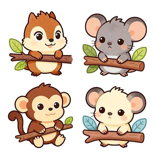 Cute digital illustration of four chibi-style animals: brown squirrel, gray mouse, brown monkey, and cream mouse, each holding a branch with green