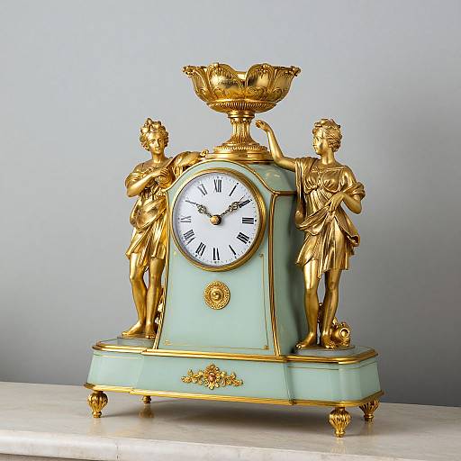 Photograph of an ornate, vintage-style clock with gold statues of classical figures, turquoise and gold base, and a decorative bowl.