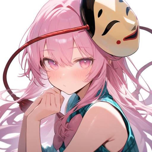 Blushing Girl with a Mask and Pink Hair