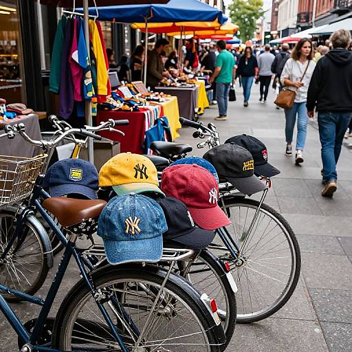 Photograph of a bustling urban street market with bicycles in the foreground, colorful hats on the seats, and crowded sidewalk shoppers.