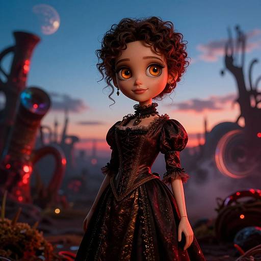 Digital art of a Victorian-style doll with large eyes, curly brown hair, and black lace dress, standing in a steampunk cityscape at sunset