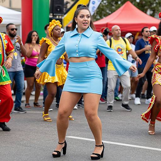 Photograph of a confident woman in light blue crop top and matching mini skirt, black heels, dancing in a vibrant street parade with colorful costumes and spectators