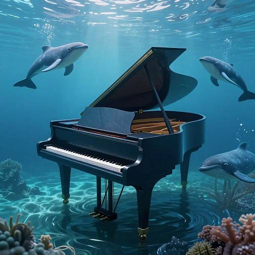 Underwater photograph of a grand piano with open lid, surrounded by three dolphins, coral reefs, and sunlight filtering through water.