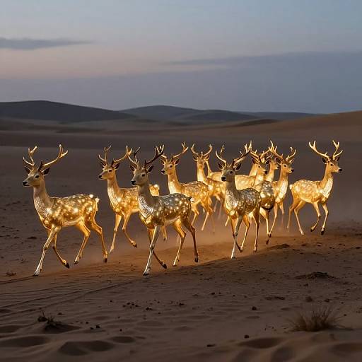Photograph of illuminated, glowing deer with antlers running across a desert at sunset, with rolling hills and a clear sky in the background.