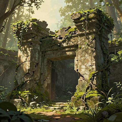 Photograph-style digital artwork of a sunlit, moss-covered, abandoned stone ruin with vines, overgrown grass, and a dark, shadowy interior