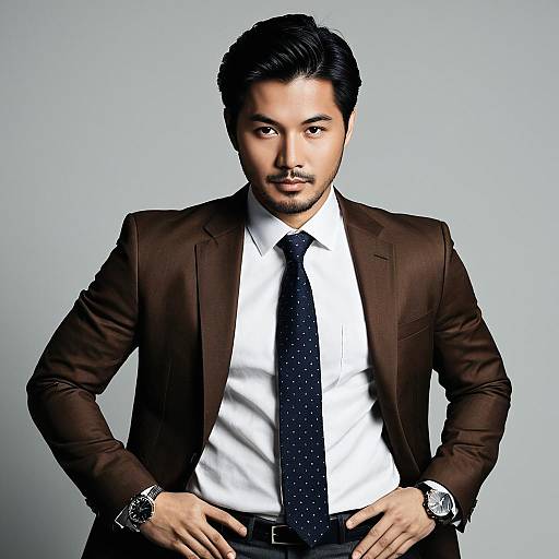 Confident Asian Man in Brown Suit
