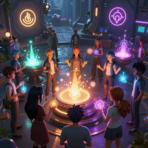 Digital art: Neon-lit futuristic street, diverse group of young people surrounding a glowing, circular fire pit, each holding glowing symbols.