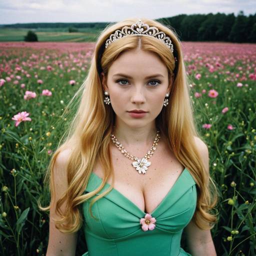 Blonde Woman in Green Dress with Tiara in Flower Field