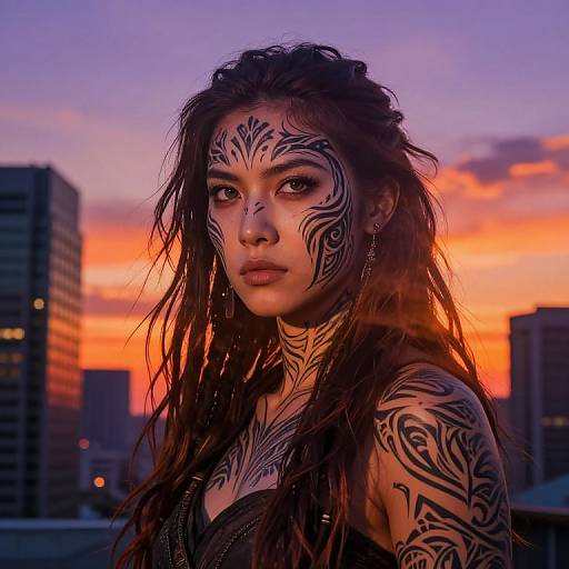 Photograph of a tattooed woman with intricate black facial and arm tattoos, wet long brown hair, against a vibrant orange and purple sunset city skyline.