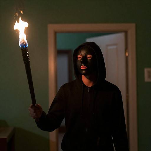 Mysterious Figure with Torch in Shadows