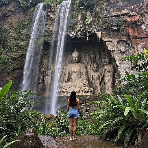 Photograph of a woman in a blue dress, standing in lush greenery, facing a large Buddha statue carved into a cliff, with two waterfalls