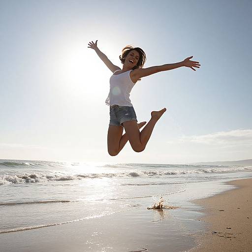 Photograph of a joyful woman in a white tank top and denim shorts, mid-air jump on a sunny beach with sparkling ocean waves in the background.