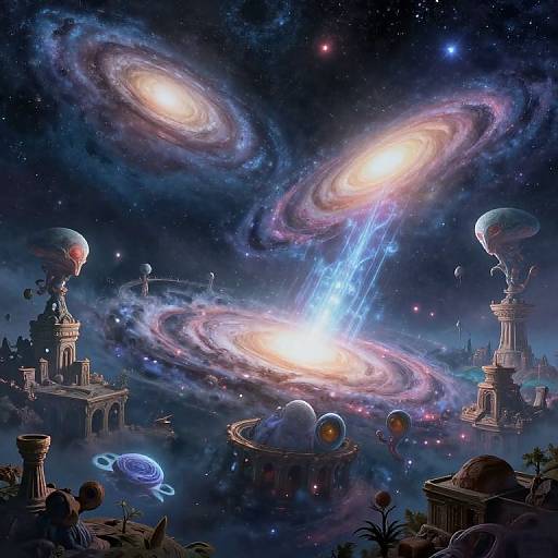 Digital art of a cosmic landscape with glowing spiral galaxies, floating observatories, and planetary structures under a starry night sky.