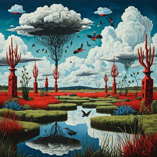 Surreal Wetland Dreamscape with Floating Clouds and Birds