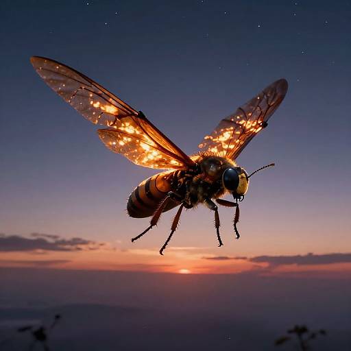 Photograph of a glowing, iridescent fly with illuminated wings against a twilight sky, orange and purple hues, and scattered stars.