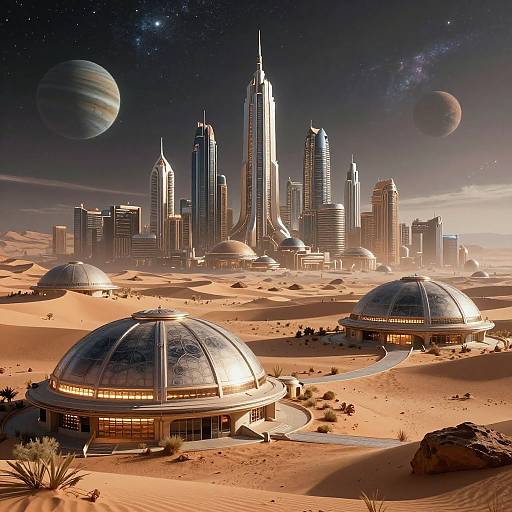 Photorealistic CGI of a futuristic desert city with dome-shaped buildings, towering skyscrapers, and two planets in a starry sky.