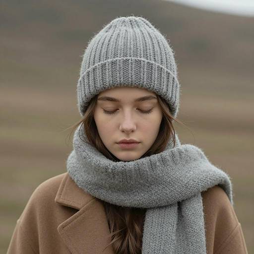 Young Woman in Gray Knit Hat and Scarf