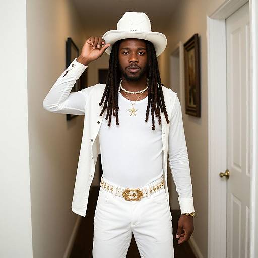 Photograph of a Black man with long dreadlocks, wearing a white cowboy hat, suit, and pearl necklace, standing in a hallway.