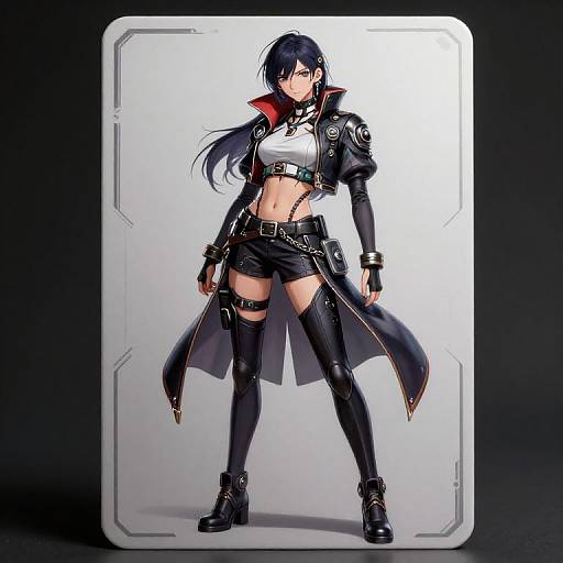 Digital anime-style drawing of a fierce, dark-haired woman in a black leather jacket, white crop top, black shorts, thigh-high boots, and belts