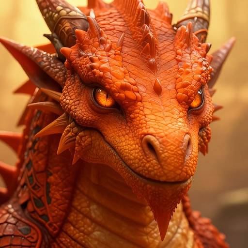 Close-up photograph of a vibrant orange dragon with detailed scales, sharp horns, and glowing orange eyes, set against a warm, blurred golden background.