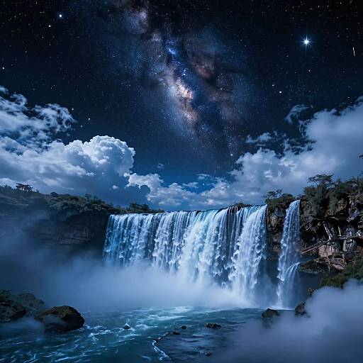 Photograph-like digital artwork of a luminous waterfall under a starry night sky with the Milky Way, surrounded by misty clouds.
