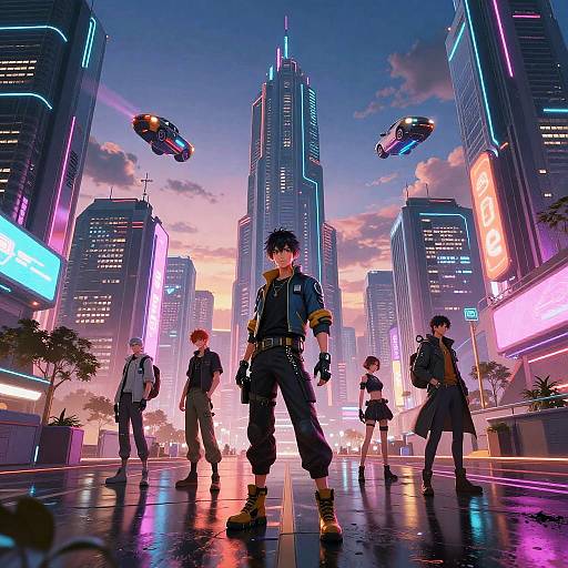 Digital anime artwork of a futuristic city at sunset, featuring five characters in neon-lit skyscrapers with flying cars above.