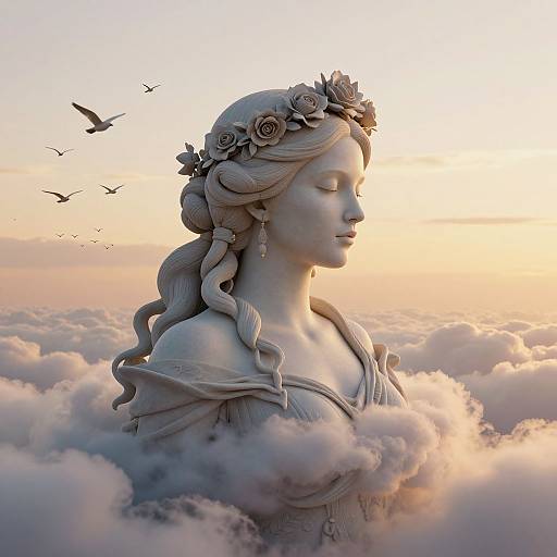 Digital artwork of a serene, white marble statue of a woman with flowing hair and floral crown, floating among clouds at sunset, with birds flying in the